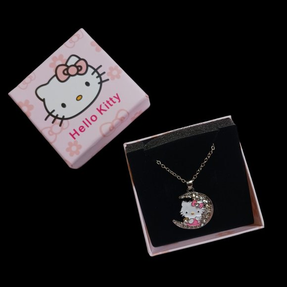 Hello Kitty Enamel Rhinestone Crystal Crescent Moon Necklace - Picture 1 of 5